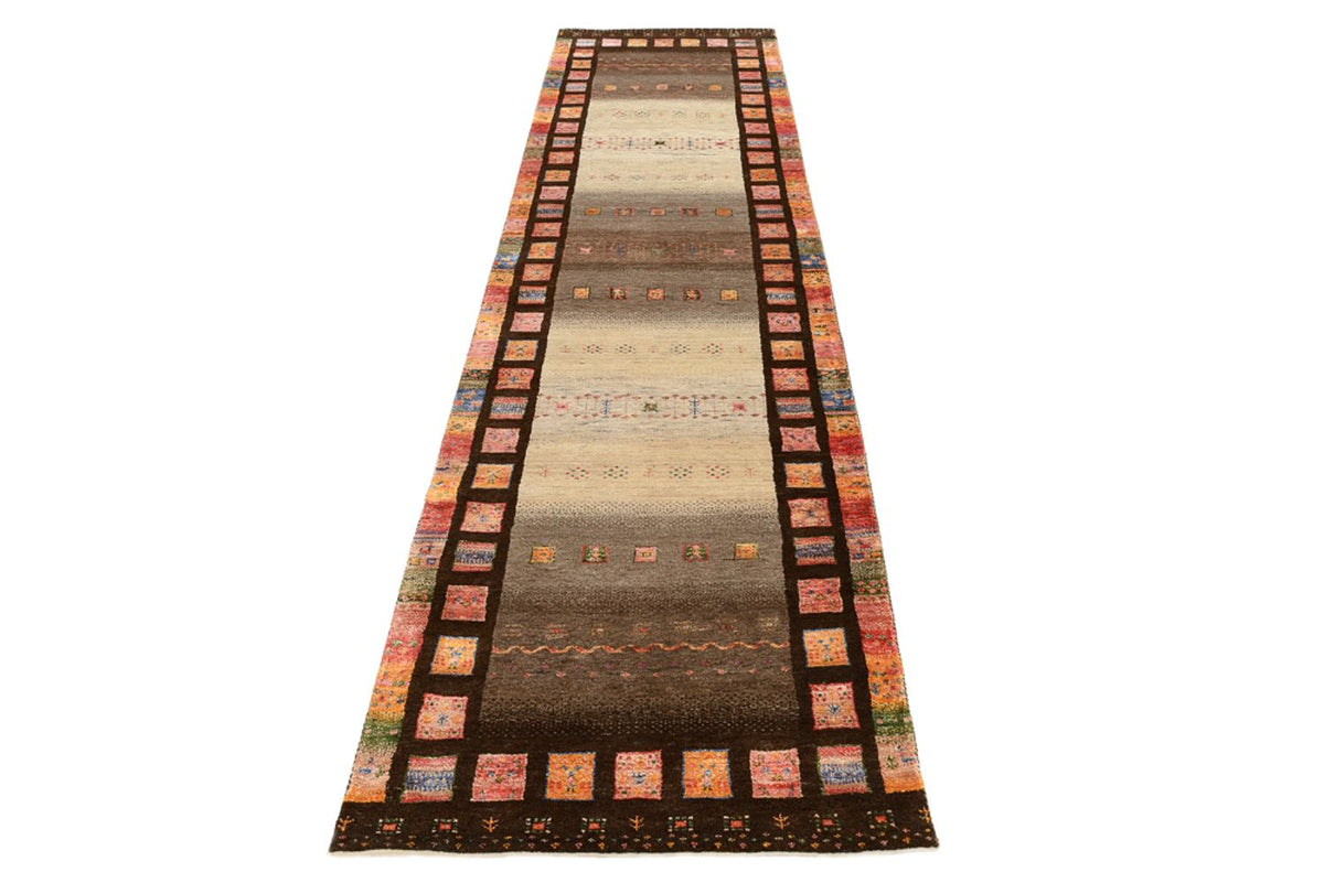 Runner Gabbeh Rug - Loribaft Indus - 306 x 80 cm - dark beige