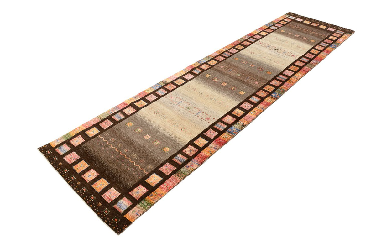 Runner Gabbeh Rug - Loribaft Indus - 306 x 80 cm - dark beige