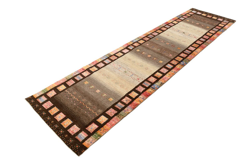Runner Gabbeh Rug - Loribaft Indus - 306 x 80 cm - dark beige